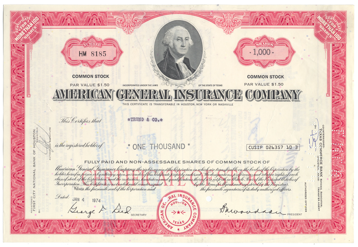 American General Insurance Company Stock Certificate