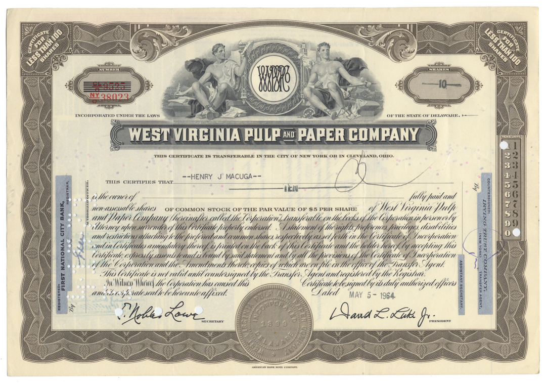 West Virginia Pulp and Paper Company Stock Certificate