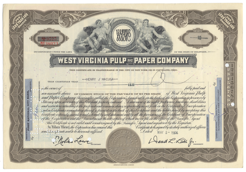 West Virginia Pulp and Paper Company Stock Certificate