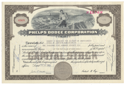 Phelps Dodge Corporation Stock Certificate