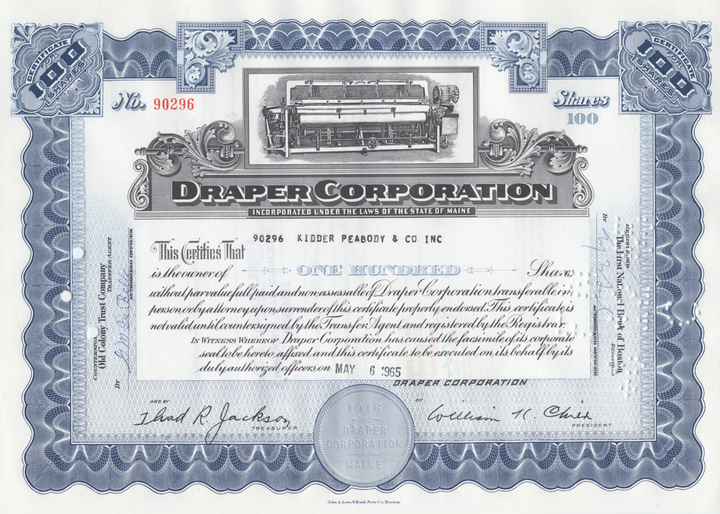 Draper Corporation Stock Certificate