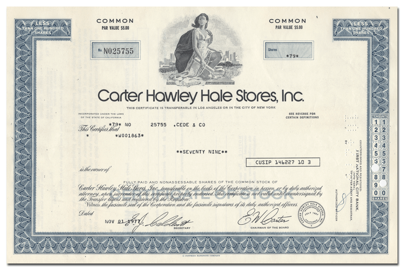 Cater Hawley Hale Stores, Inc. Stock Certificate