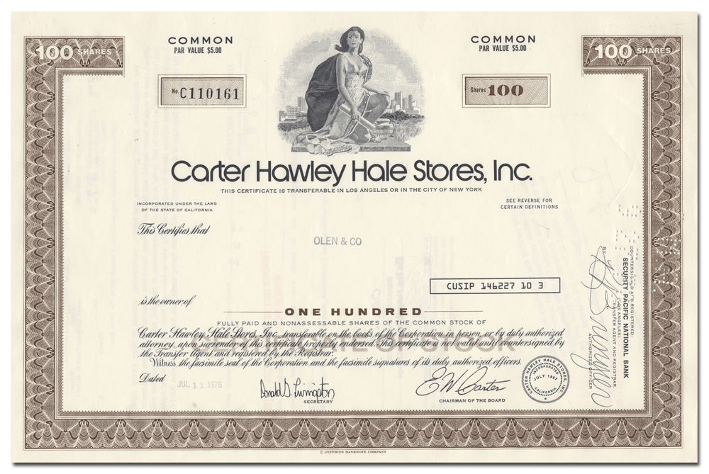 Cater Hawley Hale Stores, Inc. Stock Certificate