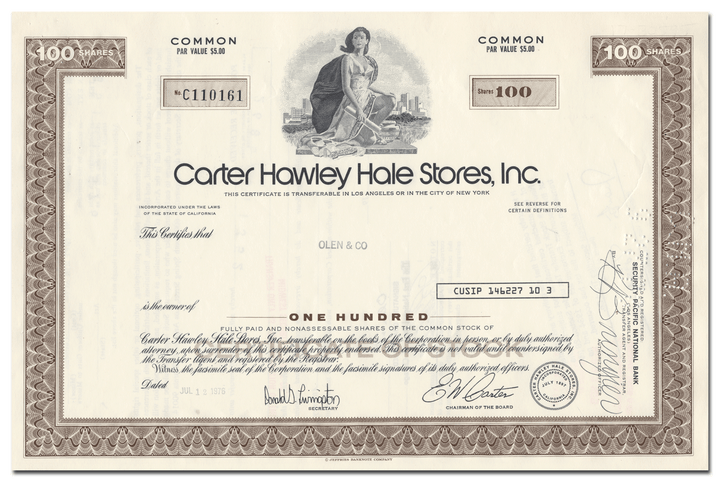 Cater Hawley Hale Stores, Inc. Stock Certificate