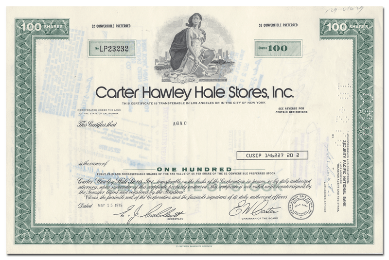 Cater Hawley Hale Stores, Inc. Stock Certificate