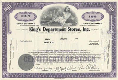 King's Department Stores, Inc. Stock Certificate