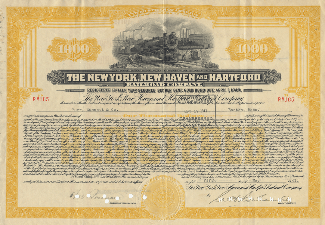 New York, New Haven and Hartford Railroad Company Bond Certificate