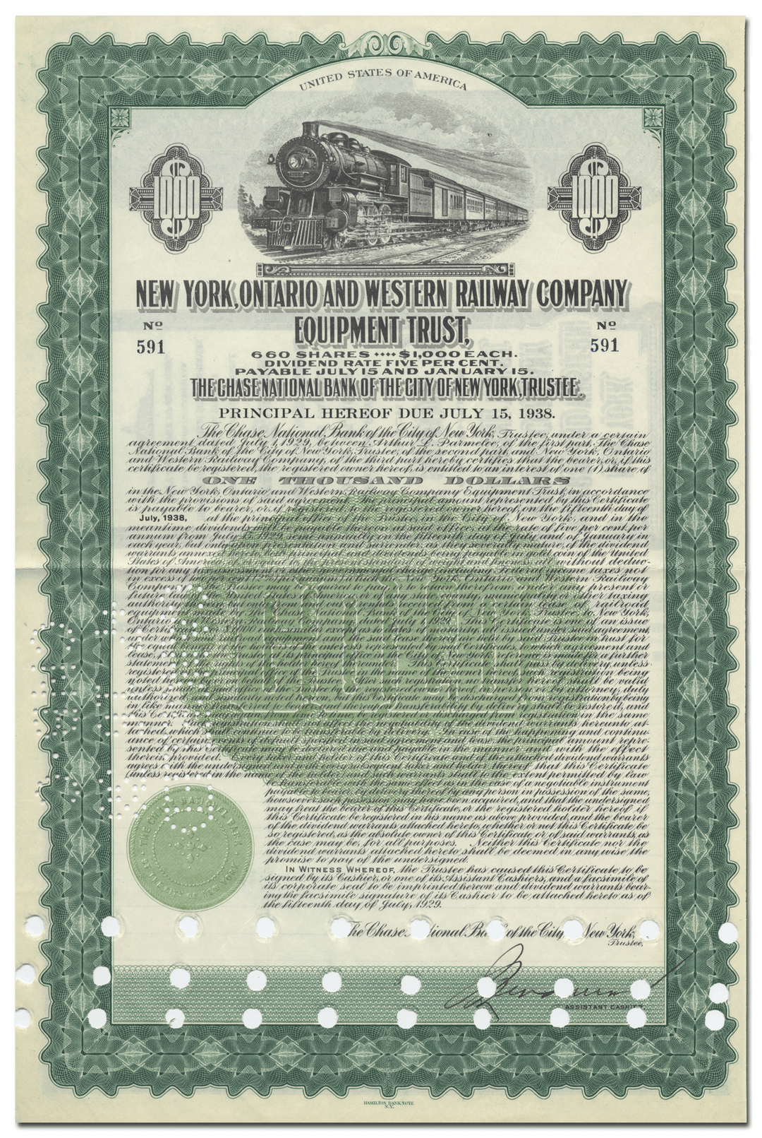 New York, Ontario and Western Railway Company Bond Certificate