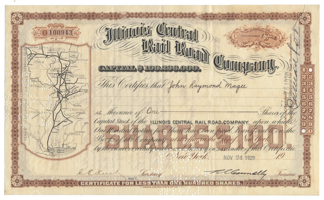 Illinois Central Rail Road Company Stock Certificate