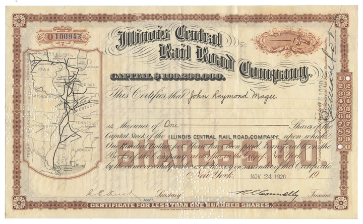 Illinois Central Rail Road Company Stock Certificate