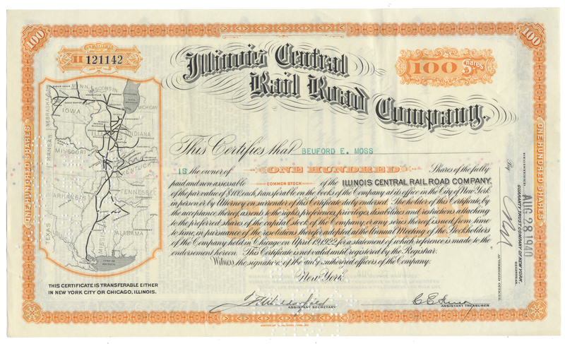Illinois Central Rail Road Company Stock Certificate