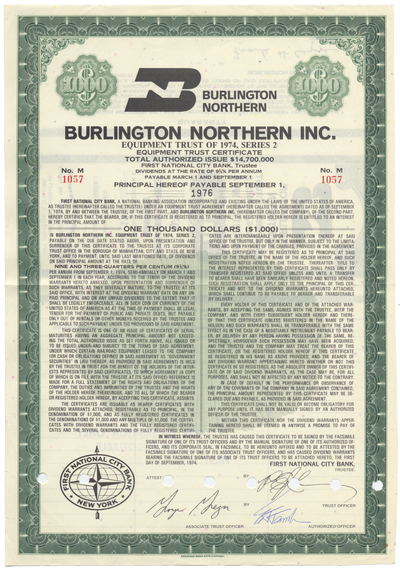 Burlington Northern Inc. Bond Certificate - Ghosts of Wall Street