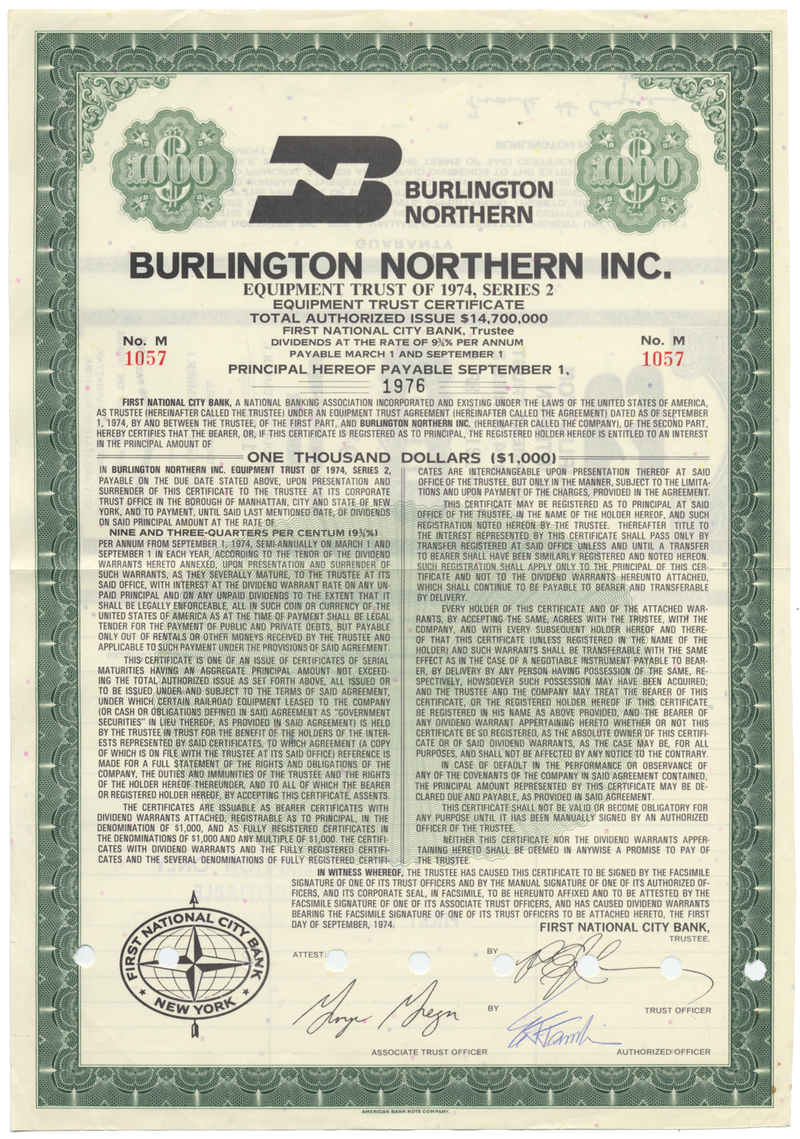 Burlington Northern Inc. Bond Certificate - Ghosts of Wall Street