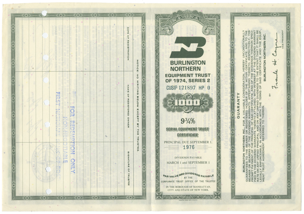 Burlington Northern Inc. Bond Certificate - Ghosts of Wall Street