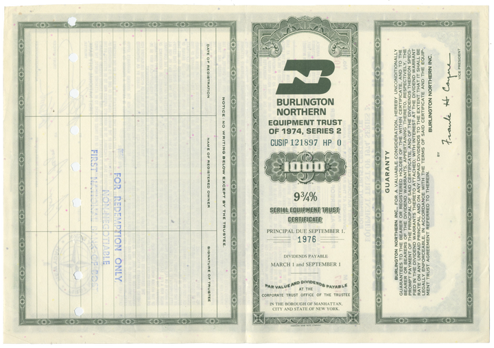 Burlington Northern Inc. Bond Certificate - Ghosts of Wall Street