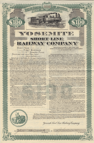 Yosemite Short Line Railway Company Bond Certificate