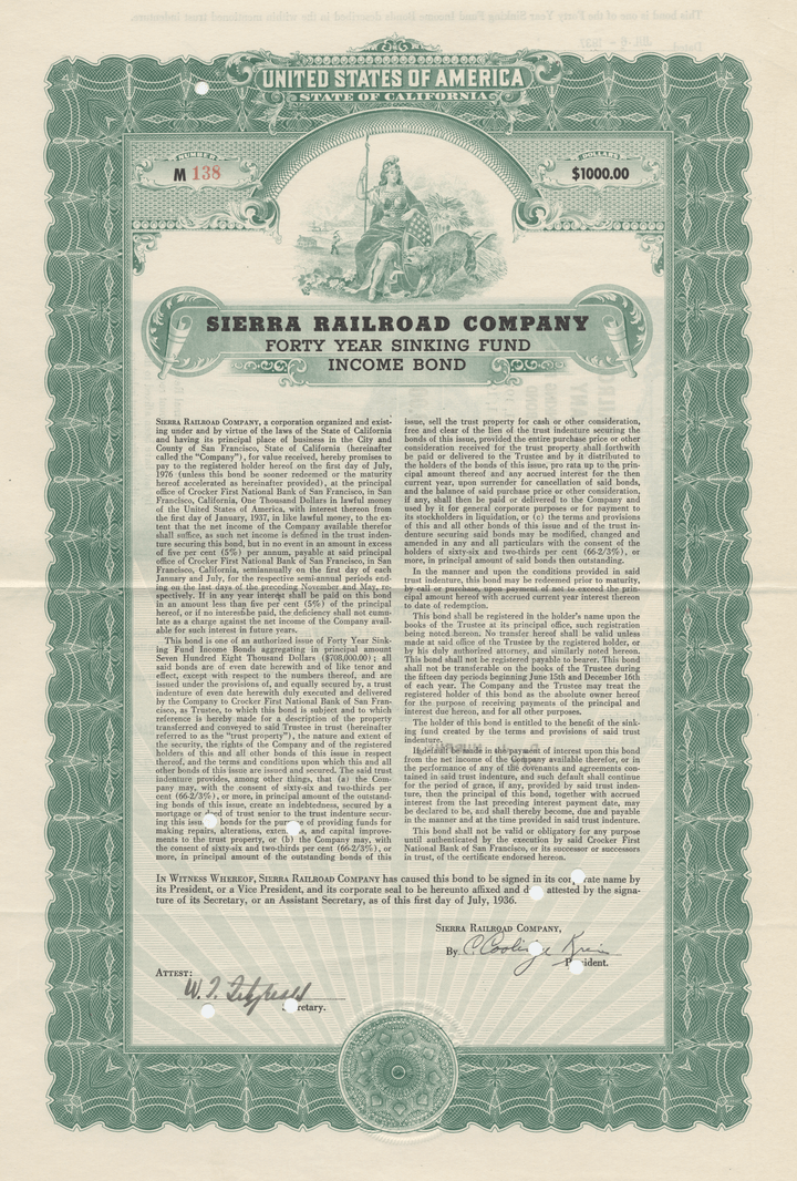 Sierra Railroad Company Bond Certificate