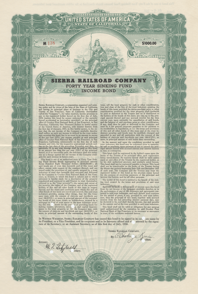 Sierra Railroad Company Bond Certificate