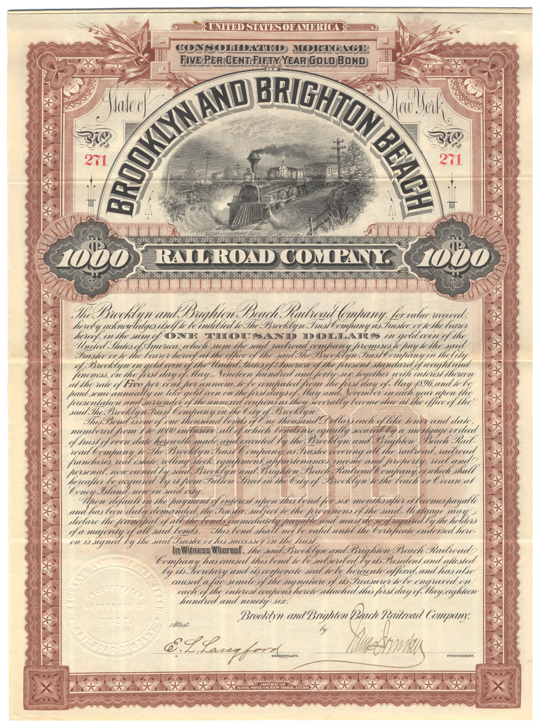 Brooklyn and Brighton Beach Railroad Company Bond Certificate