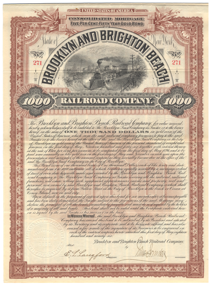 Brooklyn and Brighton Beach Railroad Company Bond Certificate