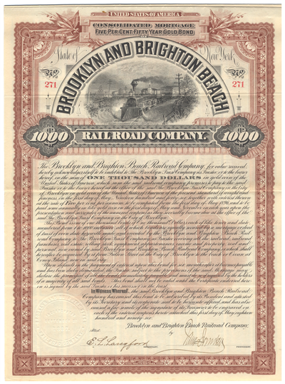 Brooklyn and Brighton Beach Railroad Company Bond Certificate