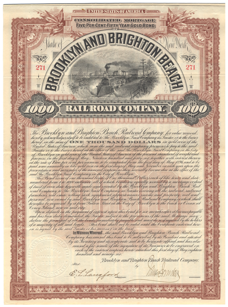 Brooklyn and Brighton Beach Railroad Company Bond Certificate