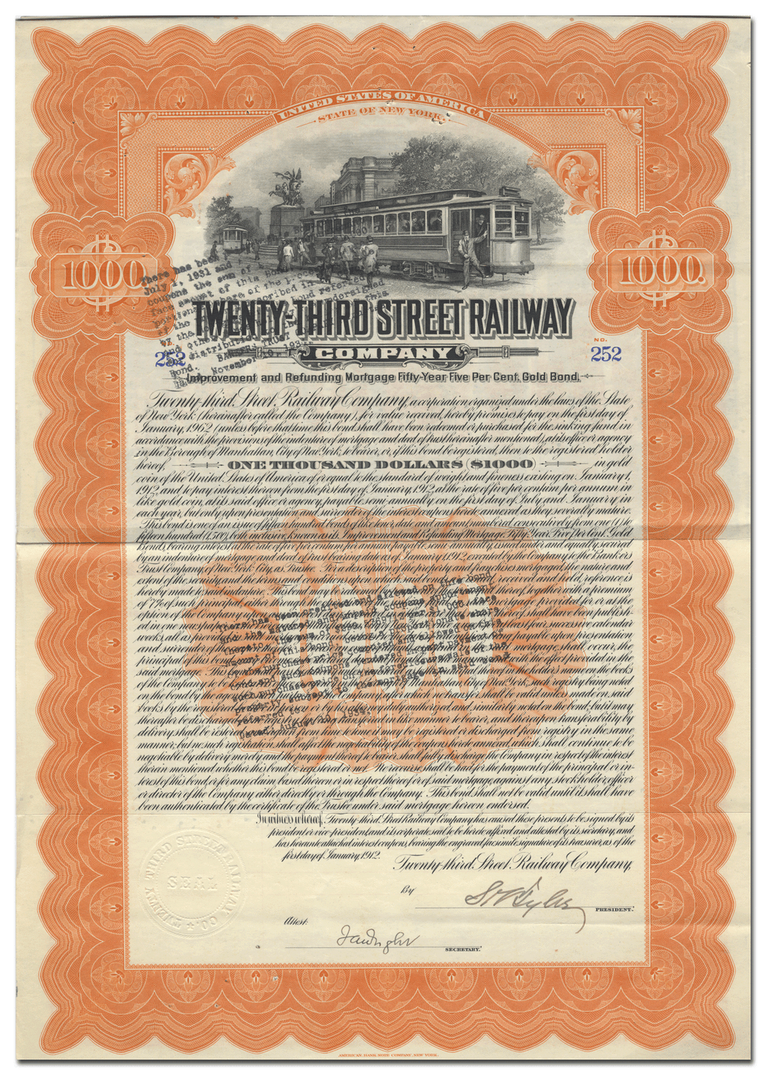 Twenty-Third Street Railway Company Bond Certificate