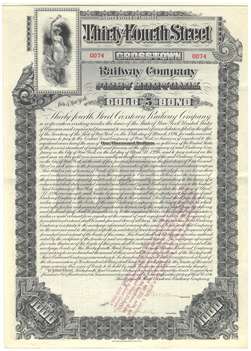 Thirty-Fourth Street Crosstown Railway Company Bond Certificate