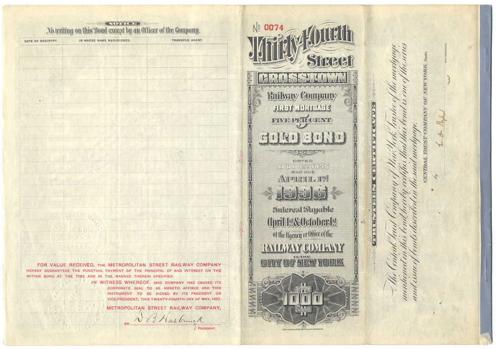 Thirty-Fourth Street Crosstown Railway Company Bond Certificate