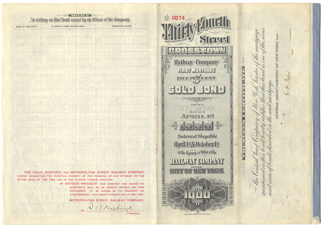 Thirty-Fourth Street Crosstown Railway Company Bond Certificate