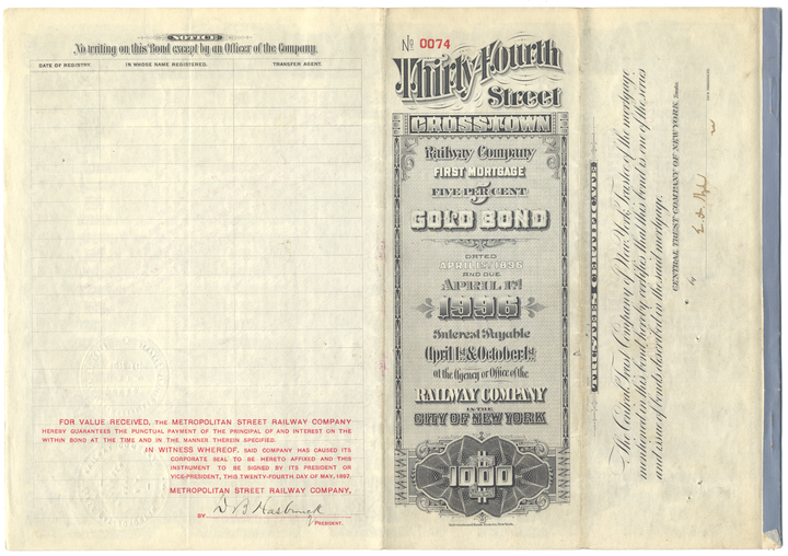 Thirty-Fourth Street Crosstown Railway Company Bond Certificate