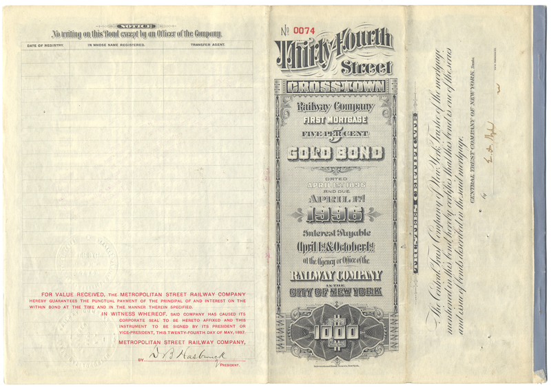 Thirty-Fourth Street Crosstown Railway Company Bond Certificate