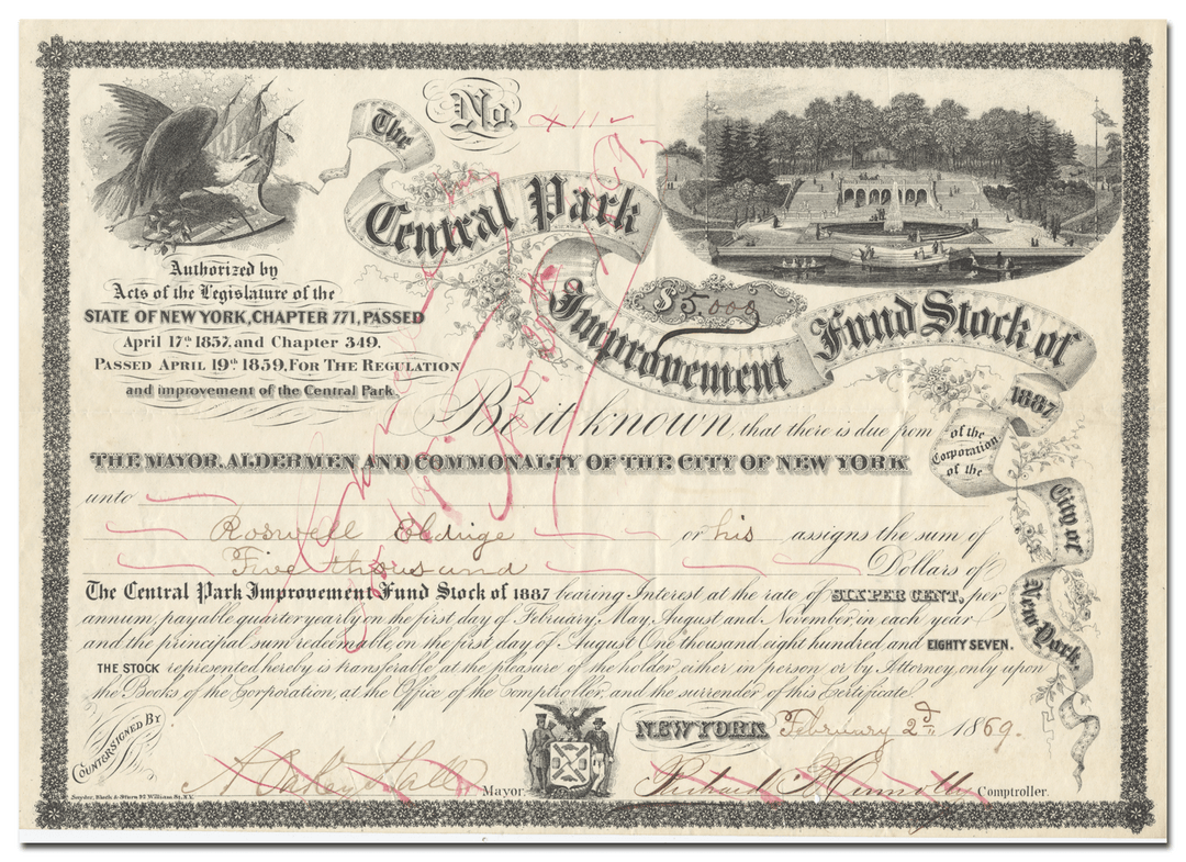 Central Park Improvement Fund Stock Certificate