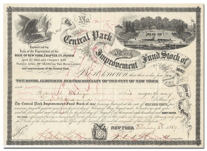 Central Park Improvement Fund Stock Certificate