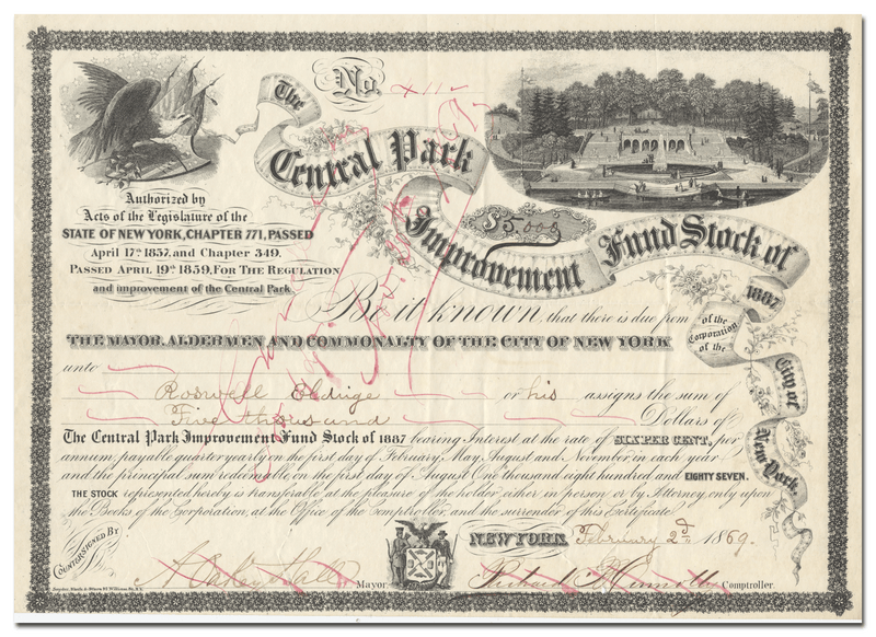 Central Park Improvement Fund Stock Certificate
