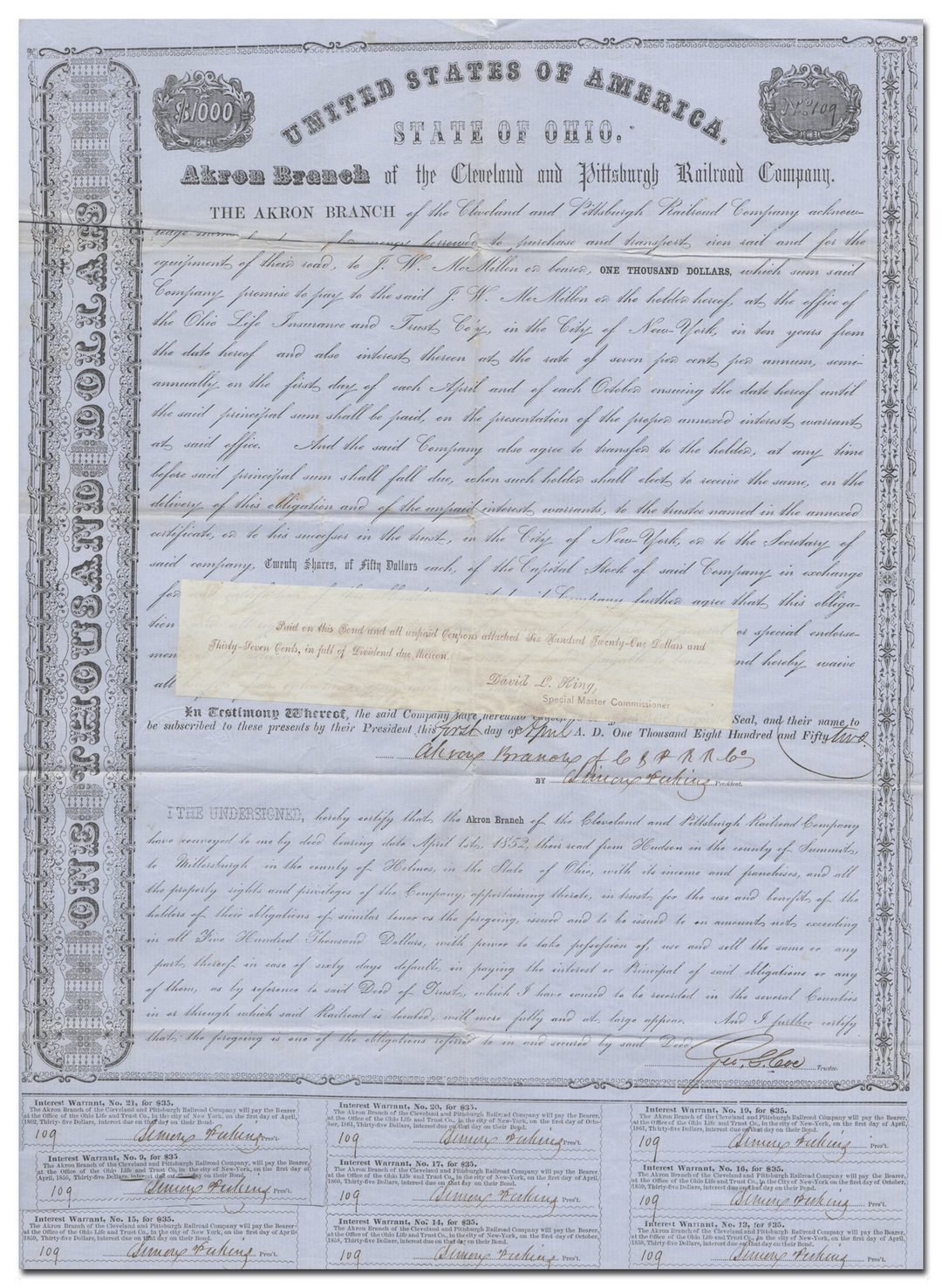 Cleveland and Pittsburgh Railroad Company (Akron Branch) Bond Certificate