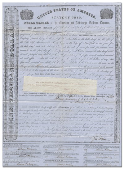 Cleveland and Pittsburgh Railroad Company (Akron Branch) Bond Certificate