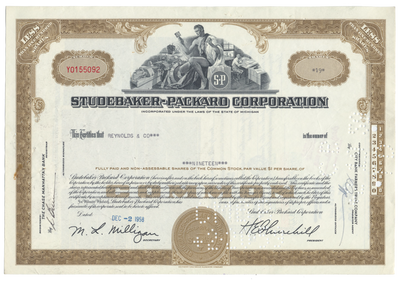 Studebaker-Packard Corporation Stock Certificate