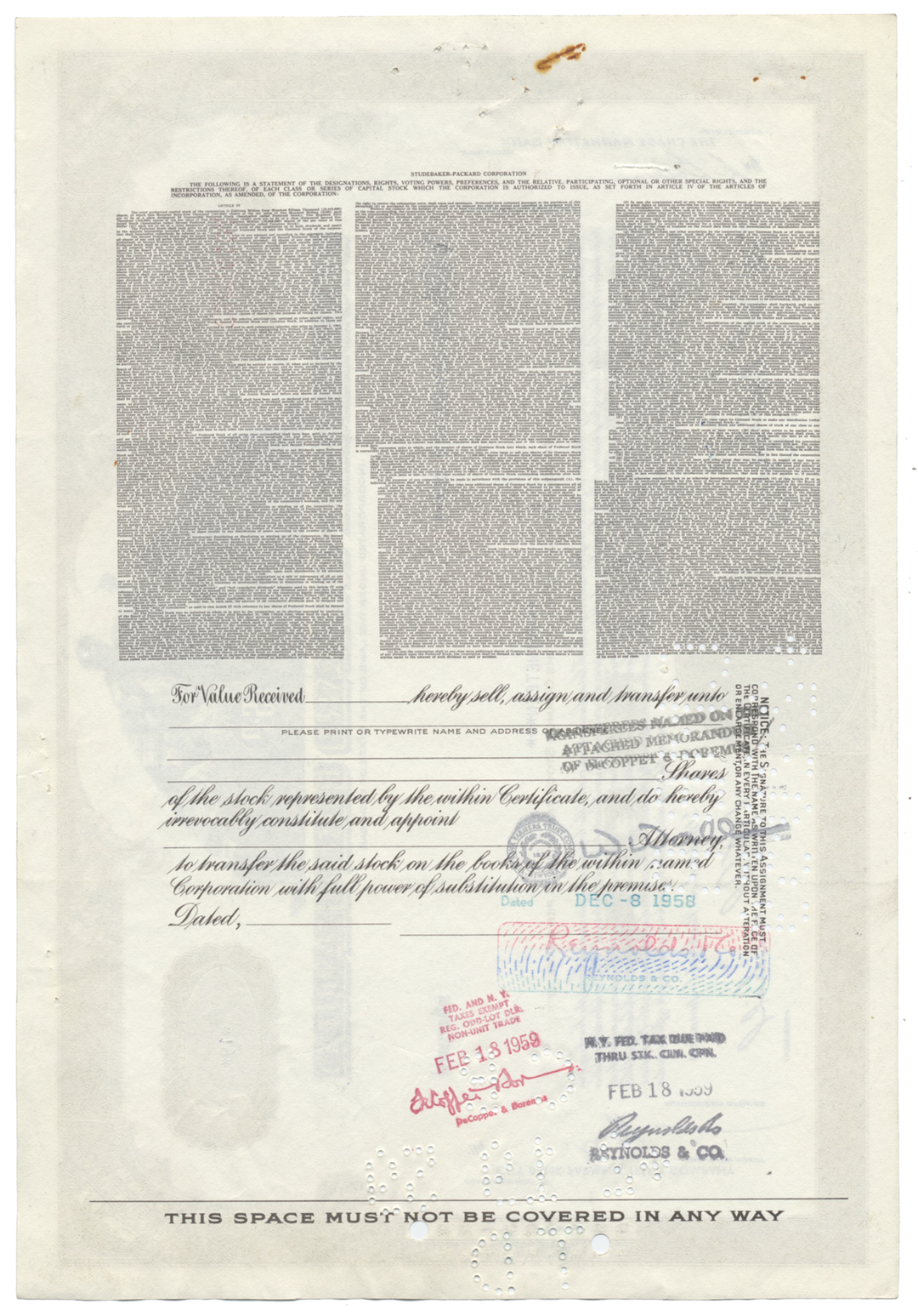 Studebaker-Packard Corporation Stock Certificate