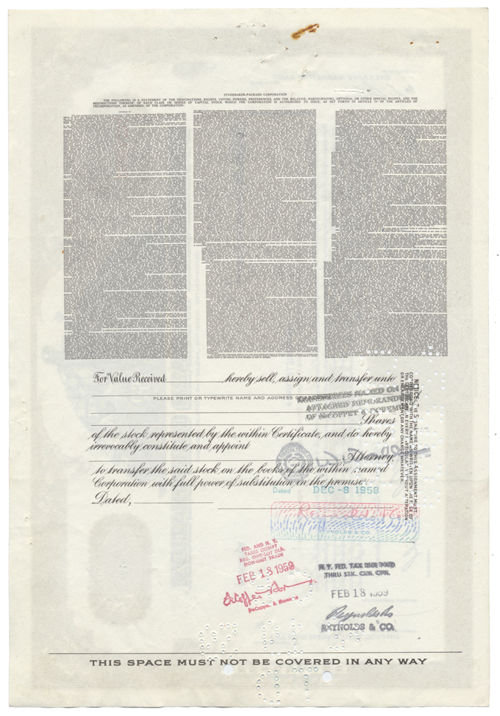 Studebaker-Packard Corporation Stock Certificate