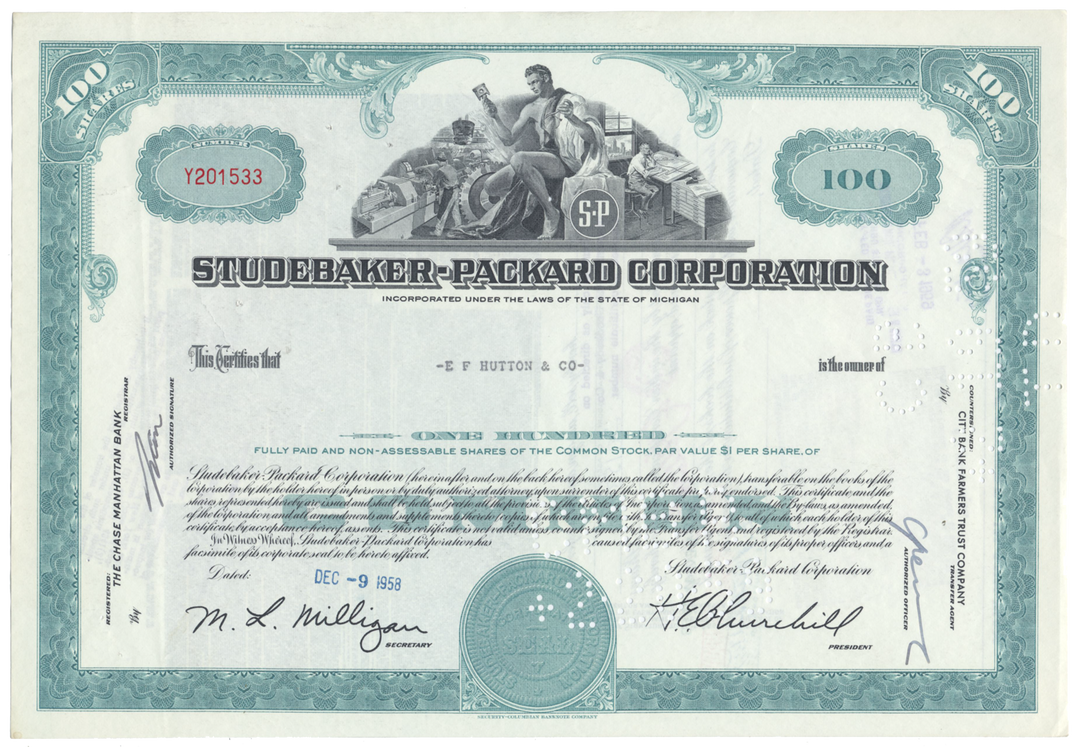 Studebaker-Packard Corporation Stock Certificate