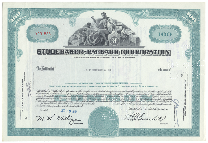 Studebaker-Packard Corporation Stock Certificate