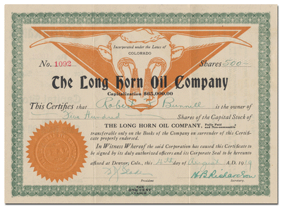 Long Horn Oil Company Stock Certificate