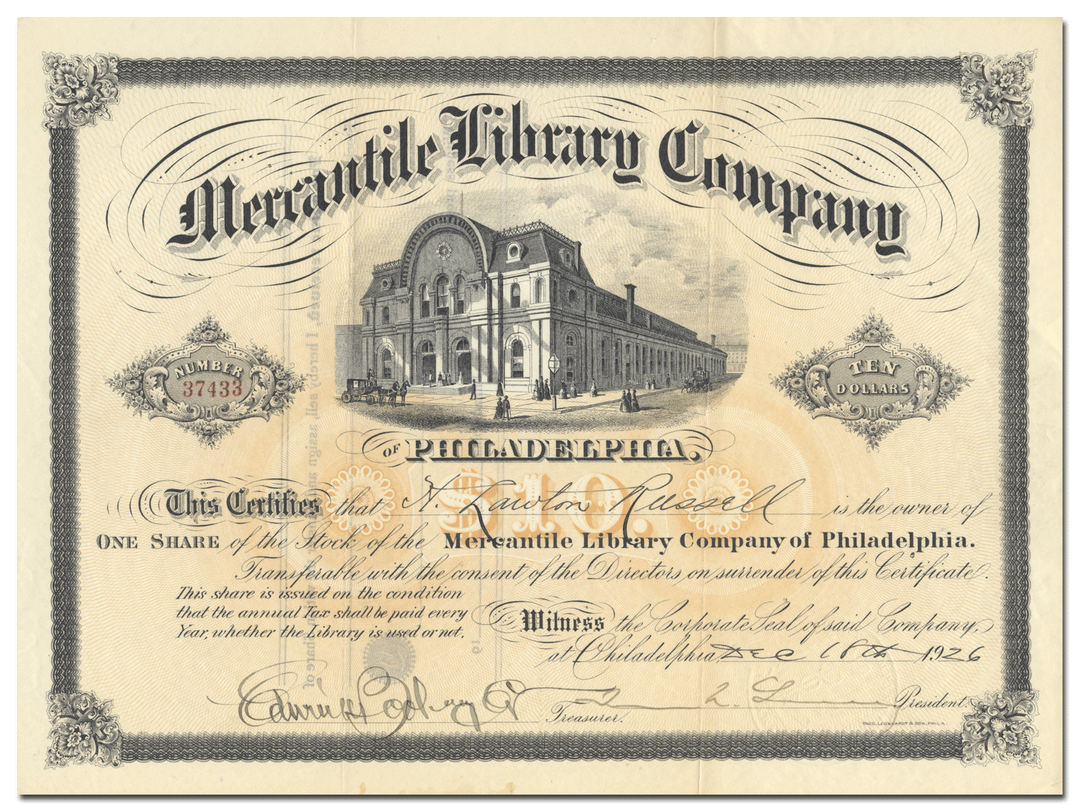 Mercantile Library Company of Philadelphia Stock Certificate