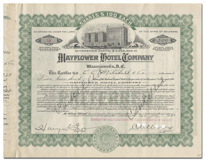 Mayflower Hotel Company Stock Certificate