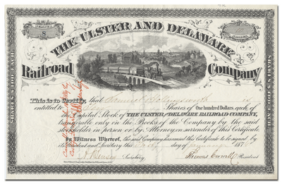Ulster and Delaware Railroad Company Stock Certificate Signed by Thomas Cornell