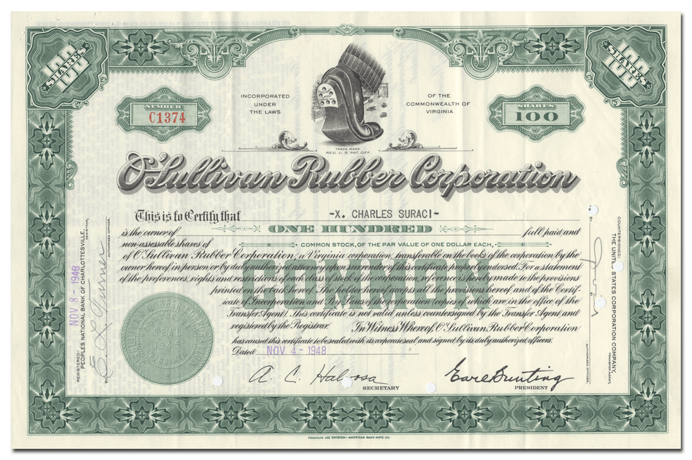 O'Sullivan Rubber Corporation Stock Certificate