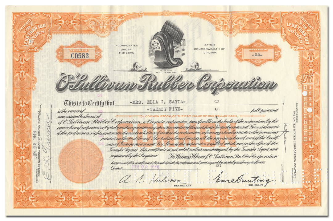 O'Sullivan Rubber Corporation Stock Certificate