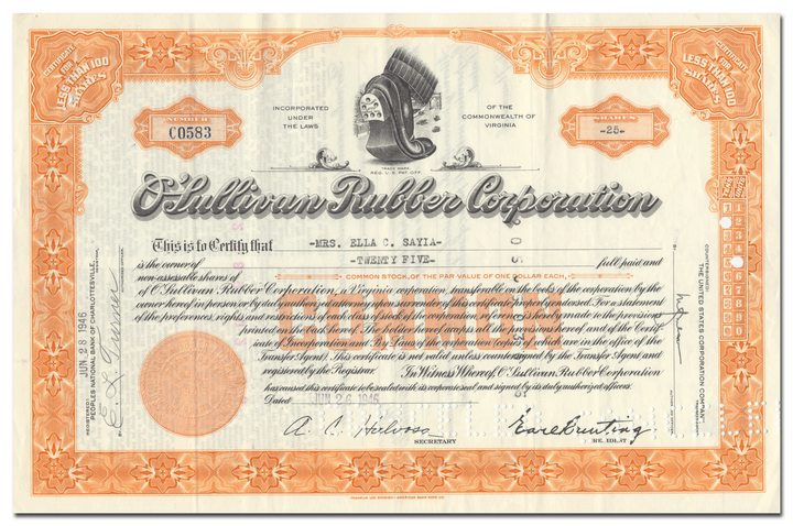 O'Sullivan Rubber Corporation Stock Certificate