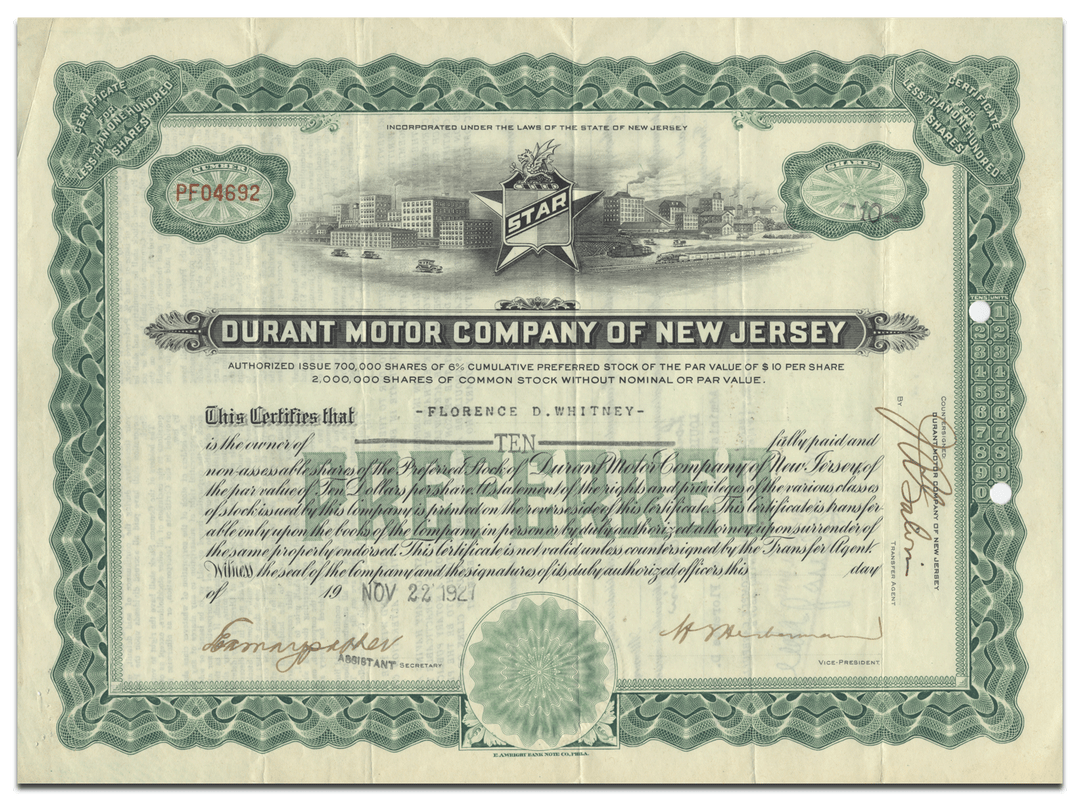 Durant Motor Company of New Jersey Stock Certificate